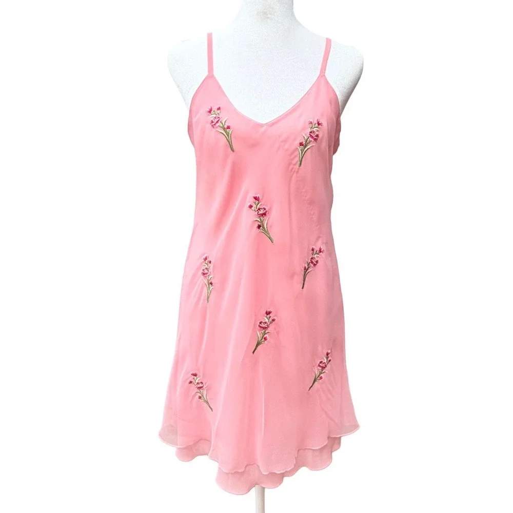 Vintage Victorias Secret Gold Label Pink Floral Embroidered Slip Dress Small 90s